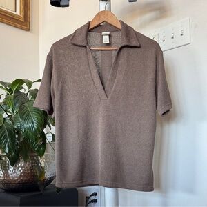 H&M Knit Collared V Neck Top/Shirt/Blouse Sz S Brown Short Sleeve